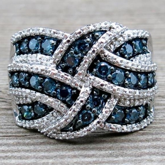 NEW Silver Blue Sapphire  Braided Wide Band Wedding Ring - Picture 1 of 4